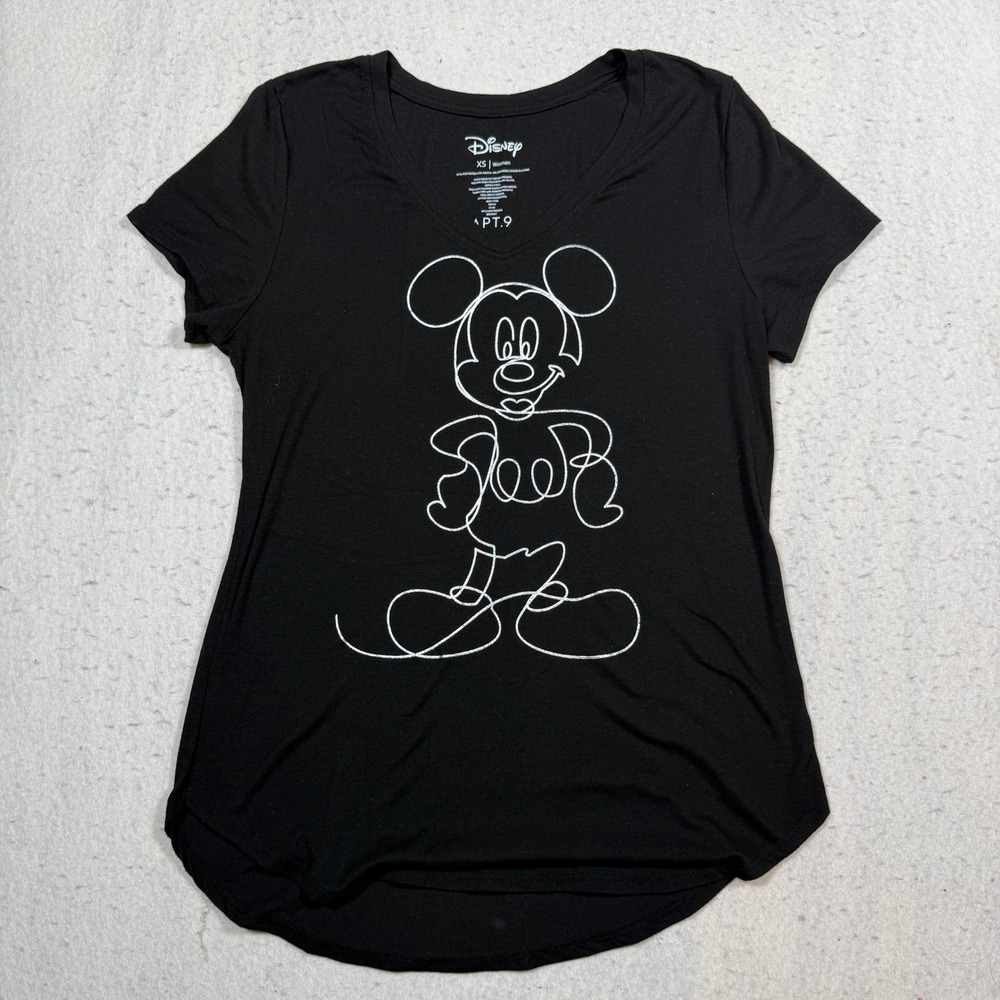 Disney Apt 9 Women XS Black Mickey Mouse Outline Graphic Tee V-Neck Short Sleeve